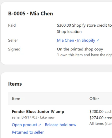 A buy-in paid in store credit, each item on hold