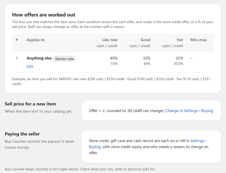 Offer rules: cash and store credit by condition