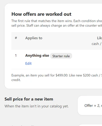 Offer rules: cash and store credit by condition