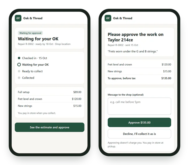 The customer's status page and estimate approval, on a phone