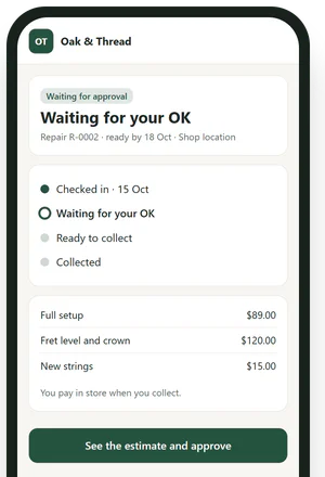The customer's status page and estimate approval, on a phone