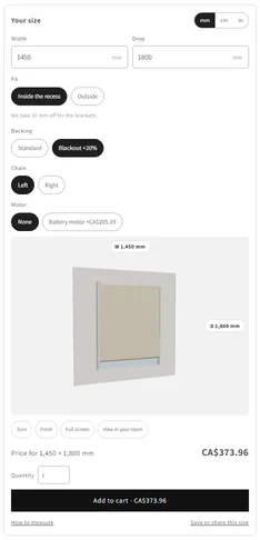The size block on the product page