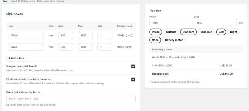 Boxes, rule and a live price sum