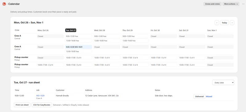 Deliveries booked and the day's run sheet