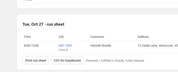 Deliveries booked and the day's run sheet