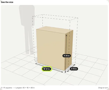 Size preview on a product page with W, D and H labels