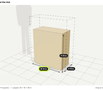 Size preview on a product page with W, D and H labels