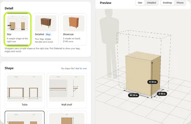 Editor with Detail and Shape fields beside a live 3D preview