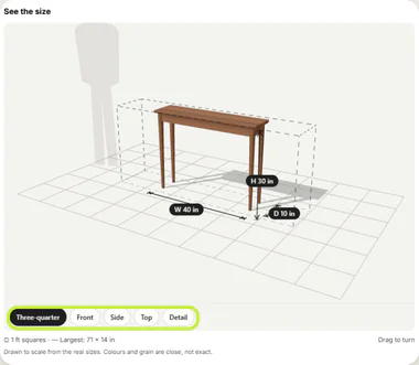 Detailed look: console with legs, edges, wood and view buttons