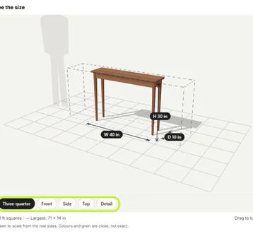 Detailed look: console with legs, edges, wood and view buttons