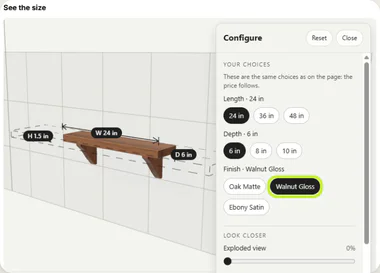 Showcase model with a Configure panel for length and finish
