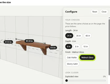 Showcase model with a Configure panel for length and finish